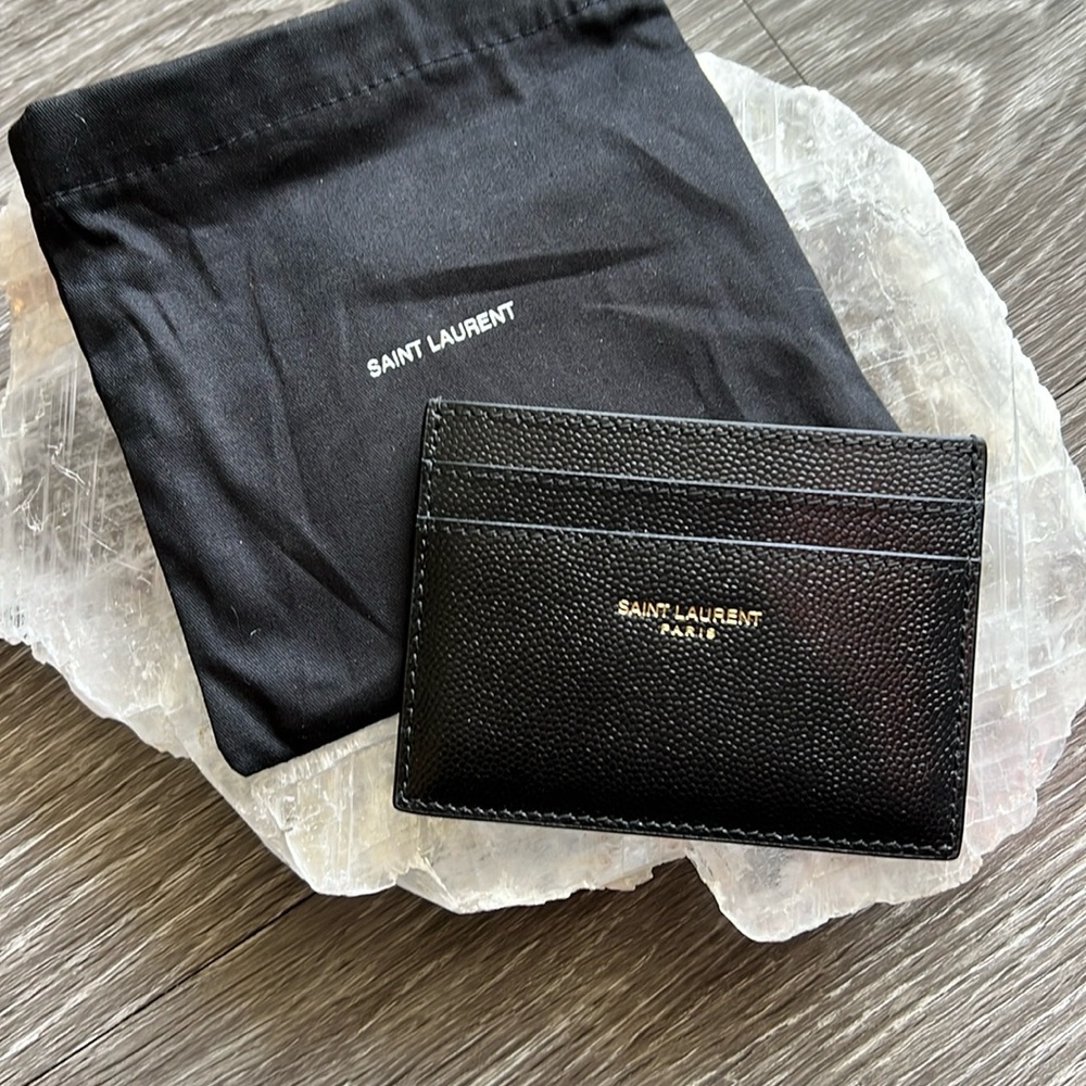 Saint Laurent Black Grain Leather Gold Embossed Logo Card Holder BRAND NEW